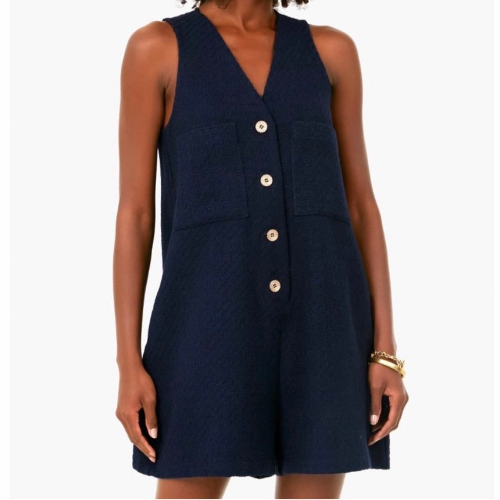 Pomander Place Navy Textured Sleeveless Romper with Front Buttons